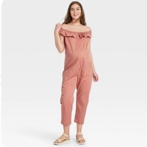 The Nines by HATCH Flounce Off the Shoulder Button Front Maternity Jumpsuit